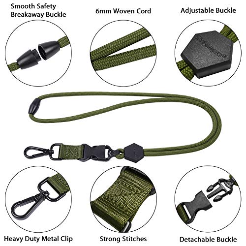 Wisdompro 2 Pack of 23 inch Durable Round Cord Heavy Duty Lanyard with Safety Breakaway Buckle, Detachable Buckle and Metal Hook for ID Card Badge Holder and Keys - Black and Army Green