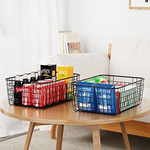 Wire Storage Baskets, iSPECLE 4 Pack Large Metal Wire Baskets Pantry Organization and Storage with Handles, Freezer Organizer Bins for Pantry Kitchen Shelf Laundry Cabinets Garage, Black