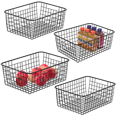 Wire Storage Baskets, iSPECLE 4 Pack Large Metal Wire Baskets Pantry Organization and Storage with Handles, Freezer Organizer Bins for Pantry Kitchen Shelf Laundry Cabinets Garage, Black