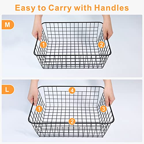 Wire Storage Baskets, iSPECLE 4 Pack Large Metal Wire Baskets Pantry Organization and Storage with Handles, Freezer Organizer Bins for Pantry Kitchen Shelf Laundry Cabinets Garage, Black