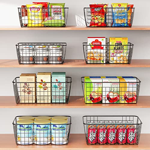 Wire Storage Baskets, iSPECLE 4 Pack Large Metal Wire Baskets Pantry Organization and Storage with Handles, Freezer Organizer Bins for Pantry Kitchen Shelf Laundry Cabinets Garage, Black