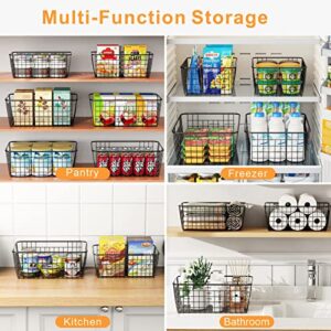 Wire Storage Baskets, iSPECLE 4 Pack Large Metal Wire Baskets Pantry Organization and Storage with Handles, Freezer Organizer Bins for Pantry Kitchen Shelf Laundry Cabinets Garage, Black