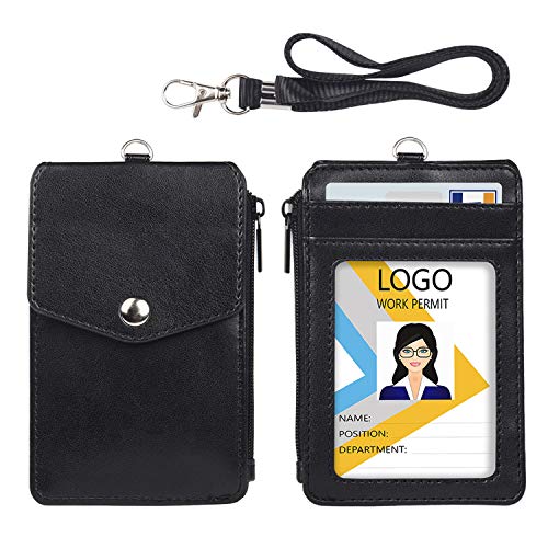 Teskyer Leather Badge Holder with Zipper Pocket,1 Clear ID Window and 3 Card Slots with Secure Cover, Premium Leather ID Holder with Nylon Lanyard for Office School ID, Credit Cards, Driver Licence