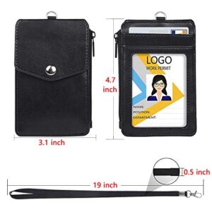 Teskyer Leather Badge Holder with Zipper Pocket,1 Clear ID Window and 3 Card Slots with Secure Cover, Premium Leather ID Holder with Nylon Lanyard for Office School ID, Credit Cards, Driver Licence