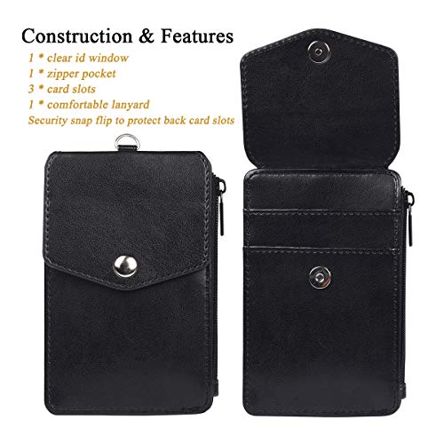 Teskyer Leather Badge Holder with Zipper Pocket,1 Clear ID Window and 3 Card Slots with Secure Cover, Premium Leather ID Holder with Nylon Lanyard for Office School ID, Credit Cards, Driver Licence