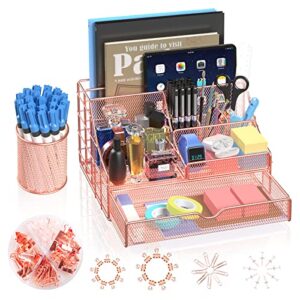 rose gold desk organizer and accessories, large office supplies desk organizer caddy with pen holder, 6 compartments + 72 clips set, mesh desktop organizer with drawer for women, office, school