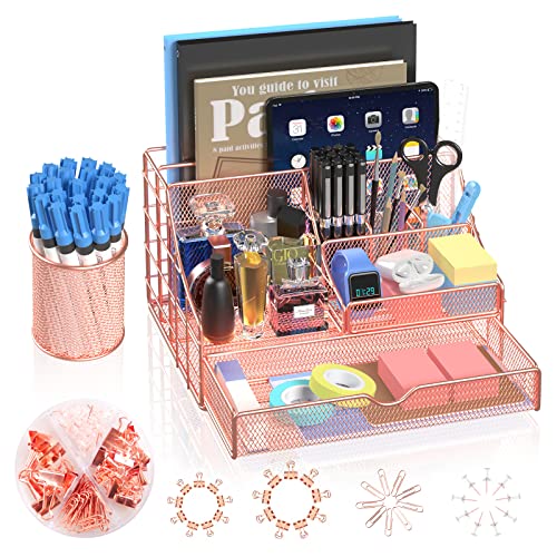 Rose Gold Desk Organizer and Accessories, Large Office Supplies Desk Organizer Caddy with Pen Holder, 6 Compartments + 72 Clips Set, Mesh Desktop Organizer with Drawer for Women, Office, School