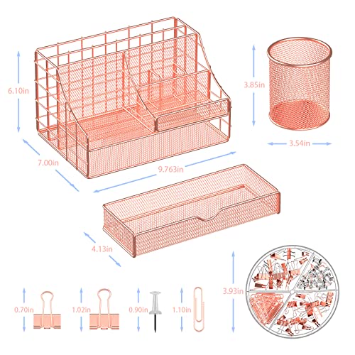 Rose Gold Desk Organizer and Accessories, Large Office Supplies Desk Organizer Caddy with Pen Holder, 6 Compartments + 72 Clips Set, Mesh Desktop Organizer with Drawer for Women, Office, School