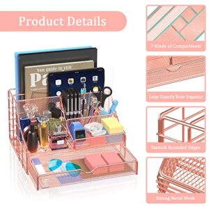 Rose Gold Desk Organizer and Accessories, Large Office Supplies Desk Organizer Caddy with Pen Holder, 6 Compartments + 72 Clips Set, Mesh Desktop Organizer with Drawer for Women, Office, School