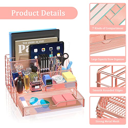 Rose Gold Desk Organizer and Accessories, Large Office Supplies Desk Organizer Caddy with Pen Holder, 6 Compartments + 72 Clips Set, Mesh Desktop Organizer with Drawer for Women, Office, School