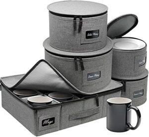 sorbus china dinnerware storage organizer hard shell 5-piece set for protecting or transporting – service for 12 – round plate and cup holder with quilted felt for plate dividers (gray)