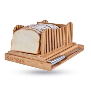 bamboo bread slicer | bread loaf slicing machine with crumbs tray | easy to use foldable bread cutter | adjustable slice sizes | bread cutting guide with sharp bread knife & storage bag