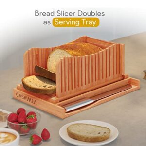 Bamboo Bread Slicer | Bread Loaf Slicing Machine With Crumbs Tray | Easy To Use Foldable Bread Cutter | Adjustable Slice Sizes | Bread Cutting Guide With Sharp Bread Knife & Storage Bag