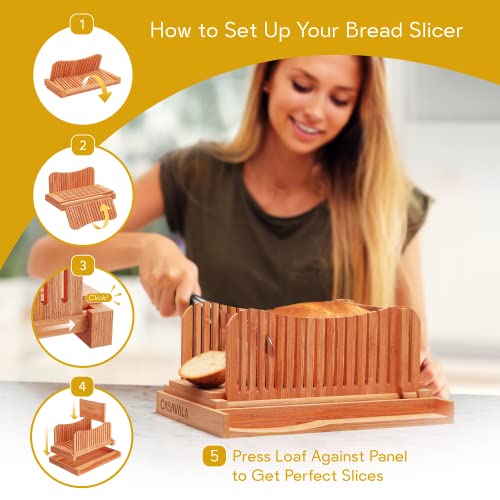 Bamboo Bread Slicer | Bread Loaf Slicing Machine With Crumbs Tray | Easy To Use Foldable Bread Cutter | Adjustable Slice Sizes | Bread Cutting Guide With Sharp Bread Knife & Storage Bag