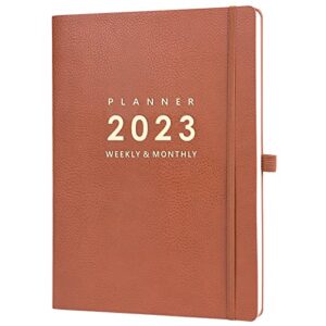 2023 planner – weekly & monthly planner 2023, 8.5″ x 11″, jan 2023 – dec 2023, pen holder, calendar stickers, pocket, 25 notes pages, faux leather cover, 2 book marks, a4 premium paper – brown