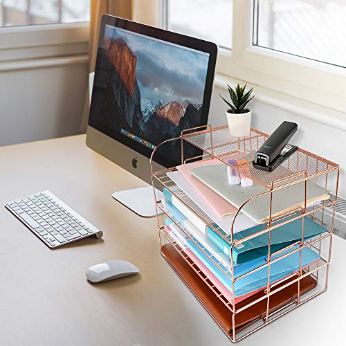 Spacrea Letter Tray, 4 Tier Rose Gold Desk Organizers and Accessories for Women, Stackable Paper Tray Organizer Desk File Organizer with 1 Upper Display Shelf (Rose Gold)