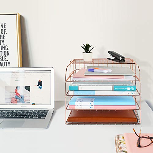 Spacrea Letter Tray, 4 Tier Rose Gold Desk Organizers and Accessories for Women, Stackable Paper Tray Organizer Desk File Organizer with 1 Upper Display Shelf (Rose Gold)