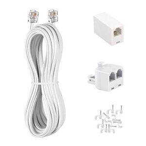 kinxiyu phone cord 15ft, landline telephone cable with rj11 plug, includes telephone inline coupler rj11 splitter and 10pcs cable clips(white)