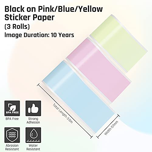 BeneCharm Colorful Self-Adhesive Thermal Paper, Glossy Sticker Paper for Vetbuosa Portable Picture Mobile Printer, Black on Pink/Blue/Yellow, 57mm x 3.5m, Diameter 30mm, 3-Roll