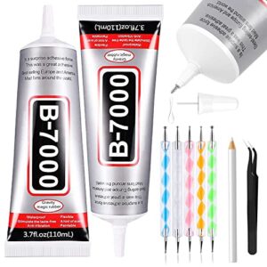 b7000 adhesive rhinestones glue for crafts, 2pcs 110ml / 3.7 fl oz b7000 clear glue with 5 dotting pen tool, wax pencil and tweezer, jewelry glue for diy craft makeup shoes jewelry making nail art