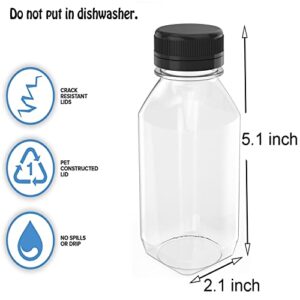 5 Pcs 8 oz Plastic Juice Bottle Reusable Transparent Bulk Beverage Containers for Juice, Milk And Other With Black Lids