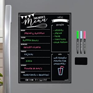 magnetic dry erase menu board for fridge with 3 bright neon chalk markers – 16×12″ – weekly meal planner blackboard and grocery list notepad for kitchen refrigerator – whiteboard chalkboard magnet
