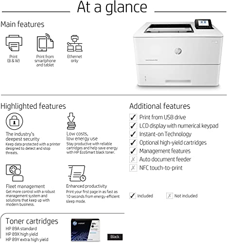 HP Laserjet Enterprise M507n Single-Function Wired Monochrome Laser Printer - Black/White Print Only - 2.7" LCD, 45 ppm, 1200 x 1200 dpi, Manual Duplex Printing, USB and Ethernet, Cbmou Printer Cable