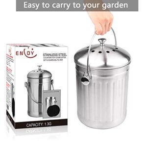 ENLOY Compost Bin, Stainless Steel Indoor Compost Bucket for Kitchen Countertop Odorless Compost Pail for Kitchen Food Waste with Carrying Handle 1.3 Gallon Easy to Clean