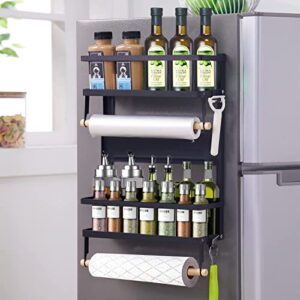 xiapia magnetic fridge organizer spice rack with paper towel holder and 5 extra hooks | 3 tier magnet refrigerator shelf in kitchen holds up to 45 lbs | 16x12x4 inch black