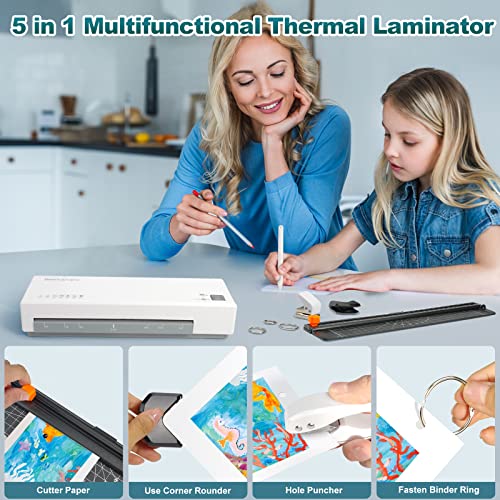 Laminator, 9" Thermal Laminator Machine for A4, A5, A6, Hot & Cold Laminating Machine with 20 Pouches, Paper Trimmer, Corner Rounder, Hole Puncher, Iron Ring, White