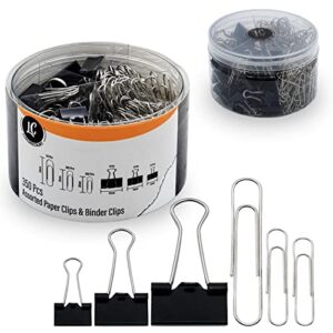350 pack paper clips and binder clips set by luxurecourt – binders & paperclips assorted sizes in container with compartments, silver paper clips & black binder clips for home, school, office supplies