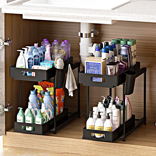 NYYTGE Double Sliding Under Sink Organizer, 2 Tier Bathroom Organizer with 1 Cup 4 Hooks, Multi-purpose Under Cabinet Storage Rack, Under Sink Organizers and Storage for Home Kitchen Organization