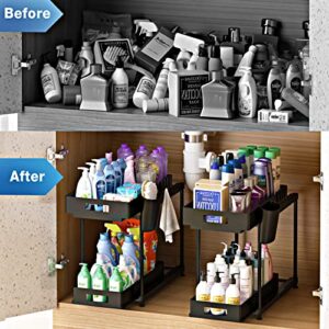 NYYTGE Double Sliding Under Sink Organizer, 2 Tier Bathroom Organizer with 1 Cup 4 Hooks, Multi-purpose Under Cabinet Storage Rack, Under Sink Organizers and Storage for Home Kitchen Organization