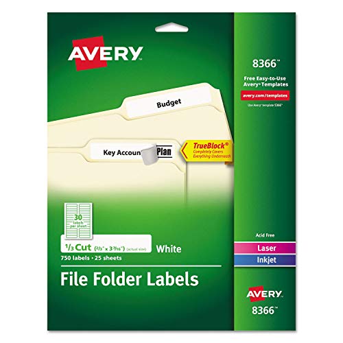 Avery 8366 Permanent Filing Labels, 1/3 Cut, 750/Pk, White