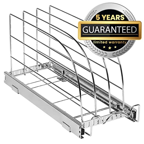 Pull Out Organizer for Cookie Sheet, Cutting Board, Bakeware, and Tray, Sliding Rack- Heavy Duty-5 Year Limited Warranty - for Under Sink / Under Cabinet, 8.5”W x 21”D x 10.63”H, Chrome