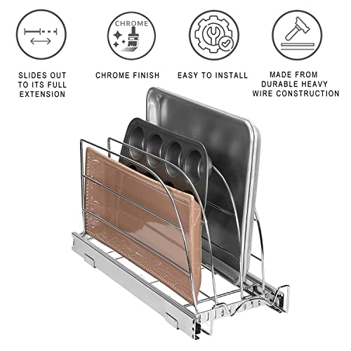 Pull Out Organizer for Cookie Sheet, Cutting Board, Bakeware, and Tray, Sliding Rack- Heavy Duty-5 Year Limited Warranty - for Under Sink / Under Cabinet, 8.5”W x 21”D x 10.63”H, Chrome