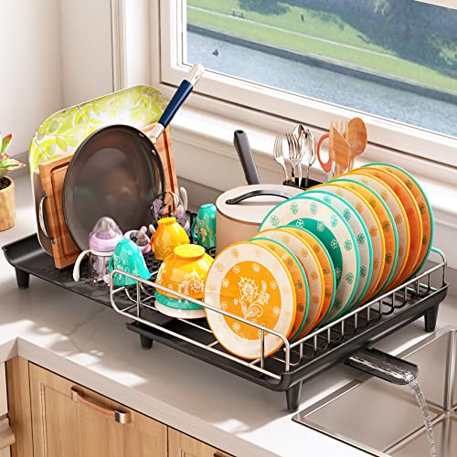 Dish Drying Rack, Kitchen Counter Dish Drainers Rack Expandable(16.9" to 26.8"), Auto-Drain Drainboard Stainless Steel Large Strainers Drying Rack with Pan Holder Utensil Holder Caddy Organizer, Black