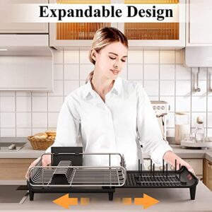 Dish Drying Rack, Kitchen Counter Dish Drainers Rack Expandable(16.9" to 26.8"), Auto-Drain Drainboard Stainless Steel Large Strainers Drying Rack with Pan Holder Utensil Holder Caddy Organizer, Black