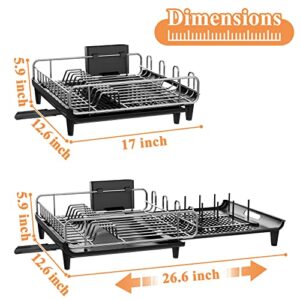 Dish Drying Rack, Kitchen Counter Dish Drainers Rack Expandable(16.9" to 26.8"), Auto-Drain Drainboard Stainless Steel Large Strainers Drying Rack with Pan Holder Utensil Holder Caddy Organizer, Black