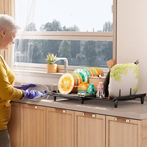 Dish Drying Rack, Kitchen Counter Dish Drainers Rack Expandable(16.9" to 26.8"), Auto-Drain Drainboard Stainless Steel Large Strainers Drying Rack with Pan Holder Utensil Holder Caddy Organizer, Black