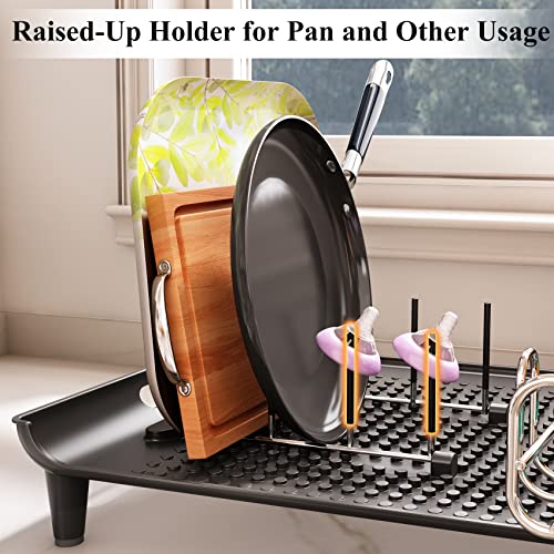 Dish Drying Rack, Kitchen Counter Dish Drainers Rack Expandable(16.9" to 26.8"), Auto-Drain Drainboard Stainless Steel Large Strainers Drying Rack with Pan Holder Utensil Holder Caddy Organizer, Black