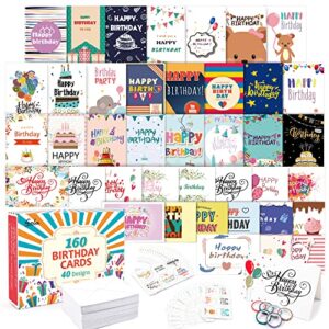 feela birthday cards, 160 pack 40 designs happy birthday card assorted bulk with 160 blank envelopes 168 pieces of stickers 6 washi tapes, 4 x 6 inches greeting cards for girls family friends