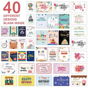 feela Birthday Cards, 160 Pack 40 Designs Happy Birthday Card Assorted Bulk with 160 Blank Envelopes 168 Pieces of Stickers 6 Washi Tapes, 4 X 6 Inches Greeting Cards For Girls Family Friends