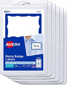 avery name tags, white with blue border, packs of 100, 6 packs, 600 removable name badges total (44144)