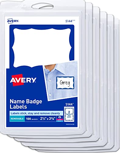 Avery Name Tags, White with Blue Border, Packs of 100, 6 Packs, 600 Removable Name Badges Total (44144)