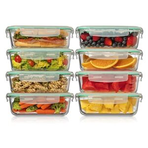 fusion gourmet set of 8 same size glass food storage containers with lids [4.4 cup 35 oz ea.] airtight, leak proof, oven, microwave & freezer safe, reusable meal prep set, stain & odor resistant