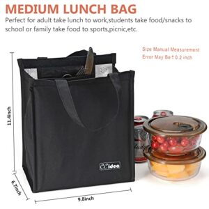 CCidea Lunch Bag for Women Men Kids, Simple Insulated Lunch Box, Reusable Lunch Boxes for School Work Travel (Black with Velcro)