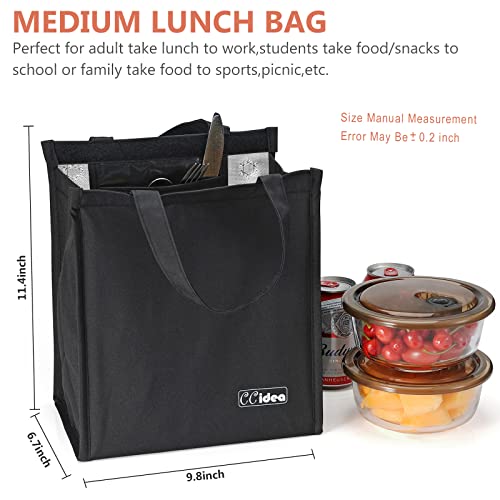 CCidea Lunch Bag for Women Men Kids, Simple Insulated Lunch Box, Reusable Lunch Boxes for School Work Travel (Black with Velcro)