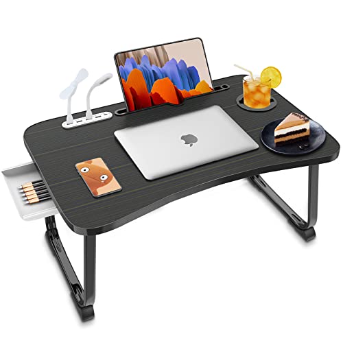 Fayquaze Laptop Bed Desk, Portable Foldable Laptop Bed Table with USB Charge Port Storage Drawer and Cup Holder,Lap Desk Laptop Stand Tray Table Serving Tray for Eating, Reading and Working