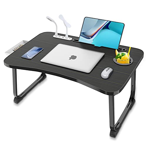 Fayquaze Laptop Bed Desk, Portable Foldable Laptop Bed Table with USB Charge Port Storage Drawer and Cup Holder,Lap Desk Laptop Stand Tray Table Serving Tray for Eating, Reading and Working